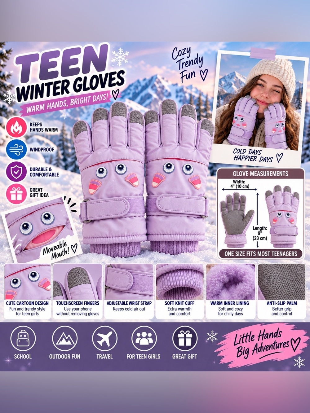 Teen Winter Gloves Girls Warm Lined Touchscreen Adjustable , beautiful color